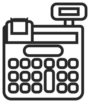 Cash register vector icon illustration, minimalist black line art symbol of a point of sale terminal with receipt paper and digital display for retail, commerce, and business transactions.