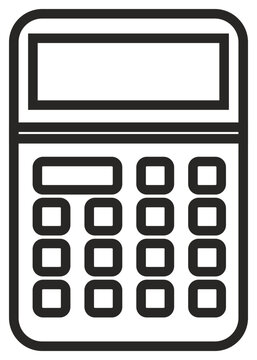 Minimalist black outline vector icon illustration of a calculator with a digital display and buttons, ideal for finance, accounting, mathematics, business, and educational graphic design.