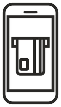 Black vector icon illustration of a smartphone with a credit card being inserted into a slot on the screen, representing mobile payment, digital wallet, e-commerce, and online banking concepts.