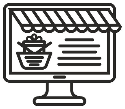 Online shopping vector icon featuring a computer monitor with a store awning, a shopping basket, and a gift box, representing e-commerce, digital marketplace, and internet retail concepts.