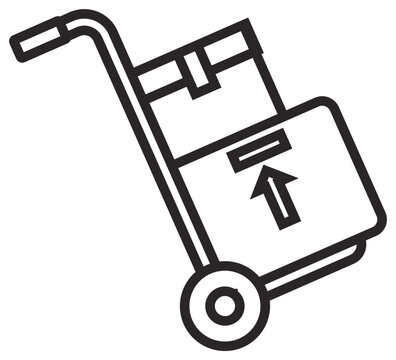 Hand truck with boxes vector icon, minimalist black line illustration of a delivery dolly carrying packages for shipping, logistics, and warehouse transport symbol isolated on white background.