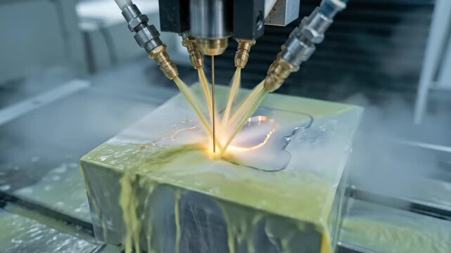 A wire EDM machine cutting a precision die steel block, the thin brass wire electrode descending through the hardened steel leaving an impossibly precise kerf visible as