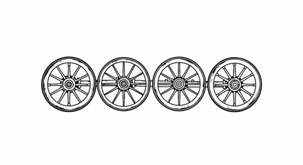 Fototapeta premium Four wooden spoked wagon wheels aligned in a row