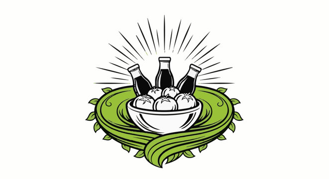 Fresh produce and bottled liquids radiating light, embraced by green leaves