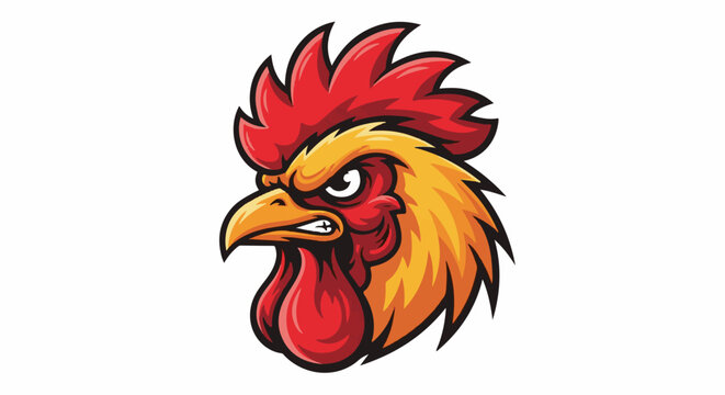 Fierce rooster mascot, sharp beak and comb, angry expression