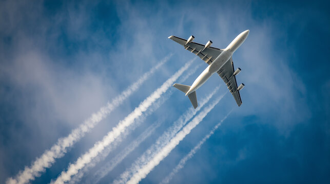 Airplane Ascending into Blue Sky with White Contrails: Dynamic Motion Captured in Professional Aviation Photography