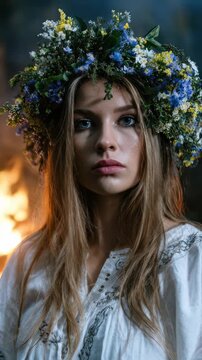 Slavic woman, traditional folk attire, authentic culture, vibrant floral wreath, glowing bonfire ritual, ancient heritage, summer solstice celebration, mystical spirituality