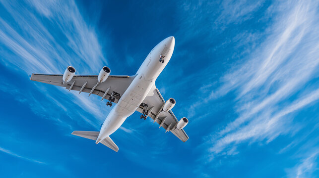 Airplane Ascending into Blue Sky with White Contrails: Dynamic Motion Captured in Professional Aviation Photography