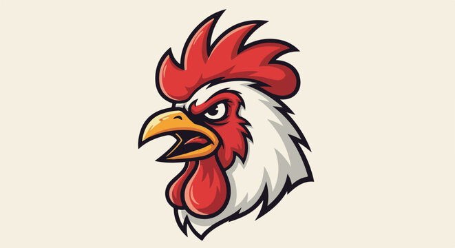 Fierce rooster head emblem, cartoon-style, vibrant red comb