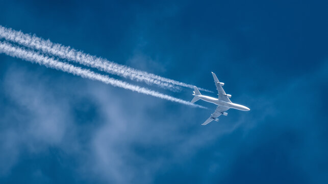Airplane Ascending into Blue Sky with White Contrails: Dynamic Motion Captured in Professional Aviation Photography