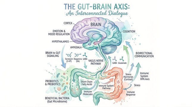 Gut-Brain Axis Watercolor Infographic