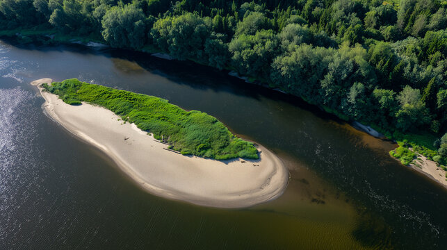 Aerial View of River Splitting Around Narrow Sandbar: Contrasting Flow Textures on Either Side Under Natural Daylight