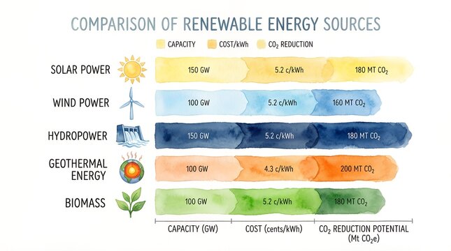 Renewable Energy Sources Comparison Watercolor Infographic