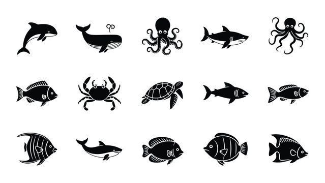 A collection of black silhouette icons depicting various marine animals including whales sharks and fish