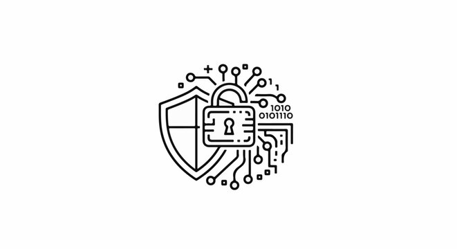 Digital shield and padlock integrated with circuit board and binary code