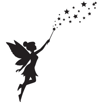Black silhouette fairy, magic wand, stars, whimsical illustration, fantasy creature