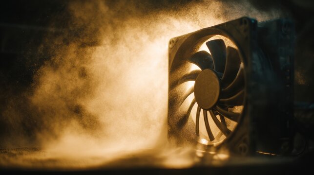 Computer fan blowing dust cloud in warm golden backlight, compressed air burst lifts fine particles around cooler, moody cinematic workshop scene, thermal cleanup and hardware restoration