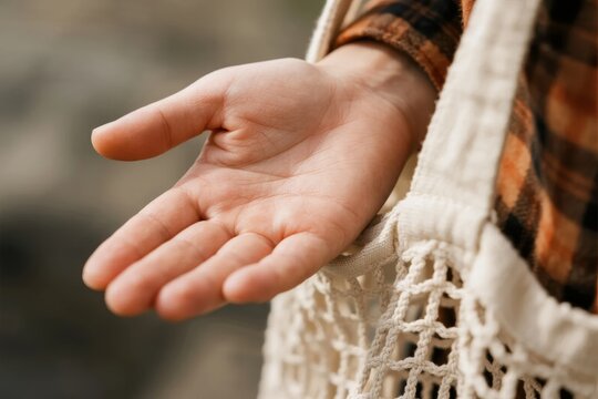 Close-up of an outstretched hand holding a woven tote bag, suggesting eco-friendly shopping or sustainability.