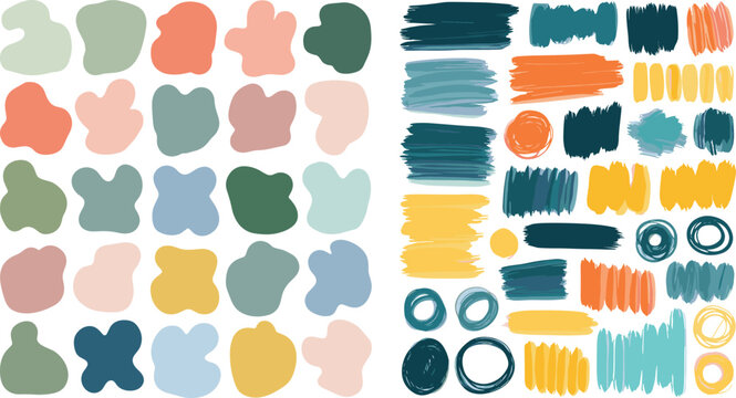 Abstract organic shapes and brush strokes set with pastel colors, modern artistic elements collection isolated vector illustration for creative design