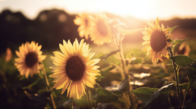 Sunflowers Swaying Rhythmically in Field Wind, Mimicking Punjabi Dance Movement, Golden Hour Nature Photography