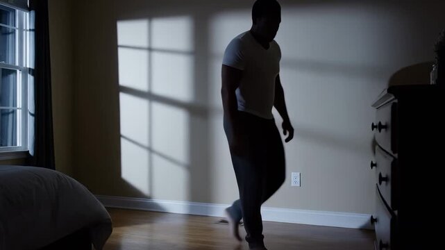 A solitary figure moves through a softly lit room, shadows dance along the walls, creating a palpable tension. This evocative scene captures a moment of introspection and vulnerability.