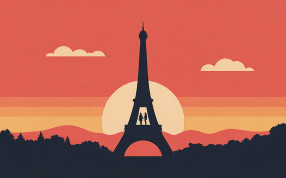 Eiffel tower silhouette at sunset with orange and pink sky and clouds, landmark