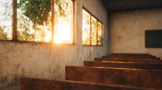 Sunlight shines through windows in empty classroom during late afternoon hours