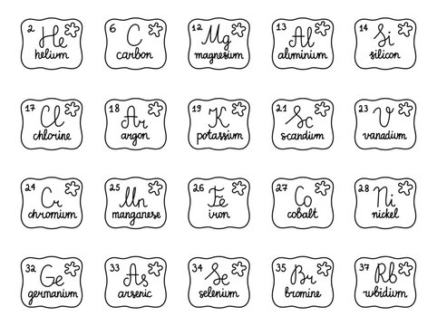 Periodic table handwritten element set featuring chemistry symbols scientific notation educational learning school study atomic number classification reference chart