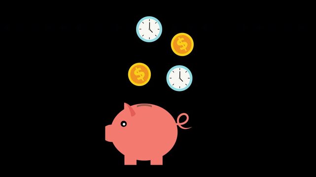 Piggy Bank Savings Animation with Falling Coins and Clocks Loop with Alpha Channel