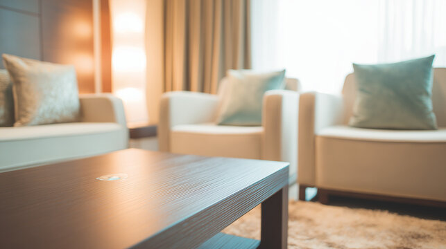Contemporary Living Room Interior with Modern Furniture Arrangement: Architectural Perspective View with Soft Diffused Light and Blurred Elements