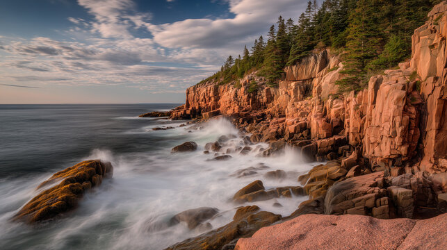 New England Coastal Rock Cliffs with Waves Crashing Against Historic Shoreline: Dramatic Seascape in Golden Hour Light