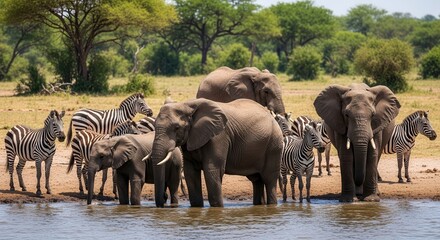 Naklejka premium African Elephants and Zebras Drinking Together at Savanna Waterhole