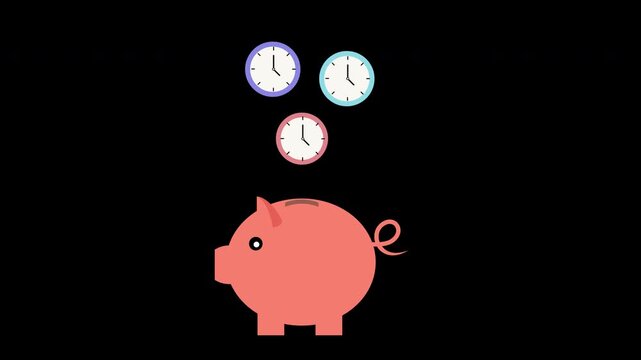 Piggy Bank and Multiple Clocks Financial Time Management Animation Loop with Alpha Channel