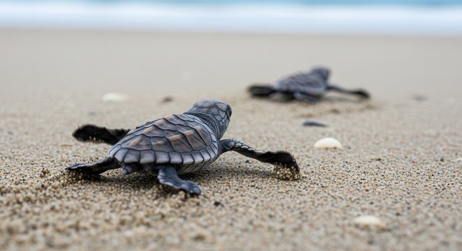 Baby sea turtle hatchlings crawling to the ocean on a sandy beach