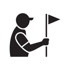 Black silhouette of a golf caddy holding a flag stick, golfer assistant profile icon in minimalist style on white background.