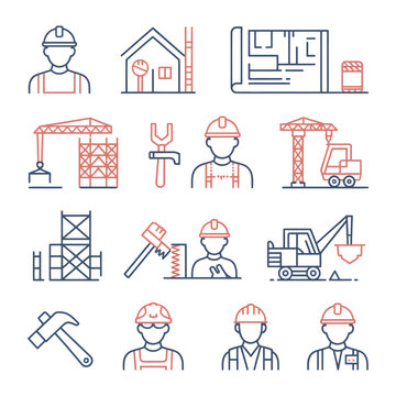 Building Essentials: A comprehensive array of icons representing the tools, workers, and plans integral to construction and building