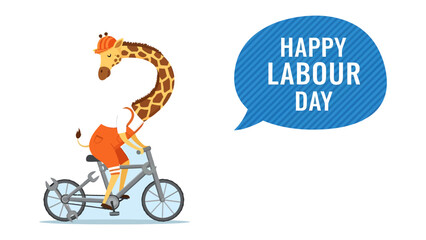 Joyful Labor Day Greetings: A whimsical depiction of a giraffe dressed as a worker, riding a bicycle with a speech bubble that say Happy Labour Day © Rahimatul