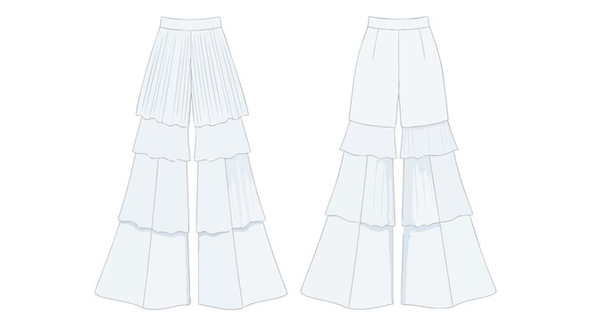 Illustrative fashion drawing of front and back tiered wide-leg trousers featuring intricate pleating for design reference and garment construction