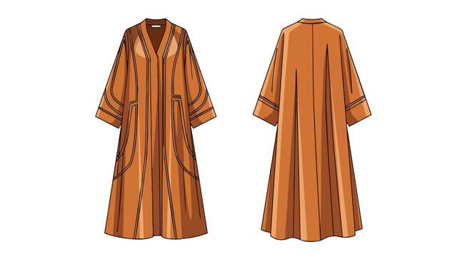 Clean technical drawing of a long, flowing modest fashion garment in warm brown showing front and back views. Perfect for apparel design