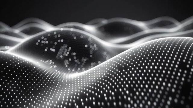 Intricate curved patterns light dots form abstract, mesmerizing landscape, conveying dynamic movement layered depth within dark, artistic environment, characteristic innovative visual design elements