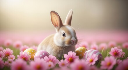 Fototapeta premium Cute baby rabbit sitting with decorative Easter eggs in pink flower field
