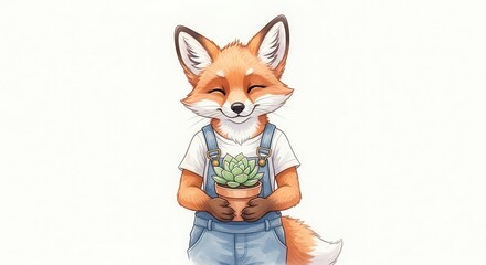 Fototapeta premium Cute Fox Character Holding Potted Succulent Plant on White Background