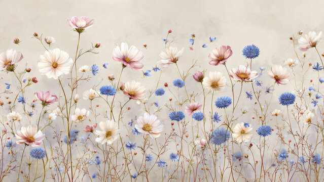 Soft watercolor wildflower meadow with white and pink cosmos and blue cornflowers on textured beige background. Romantic vintage botanical illustration.