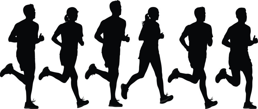 Group of diverse marathon runners in motion, set of six black vector silhouettes of men and women jogging and sprinting isolated on white for fitness and sports design.