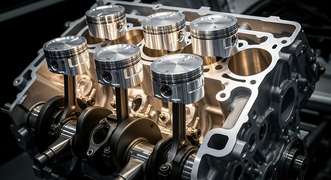 Engine Block Assembly with Pistons and Connecting Rods.