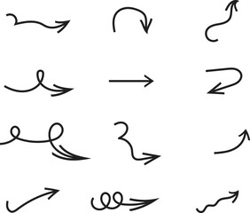 Obraz premium collection of twelve hand drawn black doodle arrows in various curved and loopy shapes on white