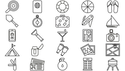 25 Minimalist Black Vector Icon Set Bundle featuring Travel, Camping, and Outdoor Adventure Symbols: Passport, Compass, Suitcase, Sailboat, GPS Navigation, Camera, Tent, BBQ Grill, and Multi-tools © Sana