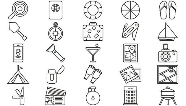 25 Minimalist Black Vector Icon Set Bundle featuring Travel, Camping, and Outdoor Adventure Symbols: Passport, Compass, Suitcase, Sailboat, GPS Navigation, Camera, Tent, BBQ Grill, and Multi-tools