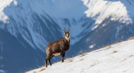 Obraz premium Chamois mountain goat standing on snowy slope with peaks behind