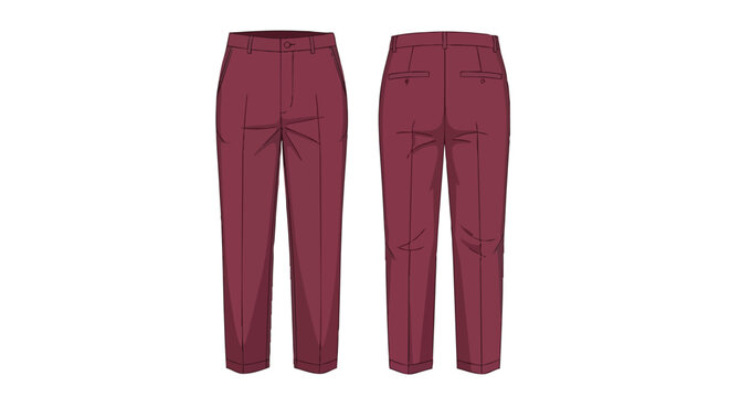 Vibrant burgundy menswear trousers with meticulous front and back views, showcasing classic pleat details and tailored construction ideal for